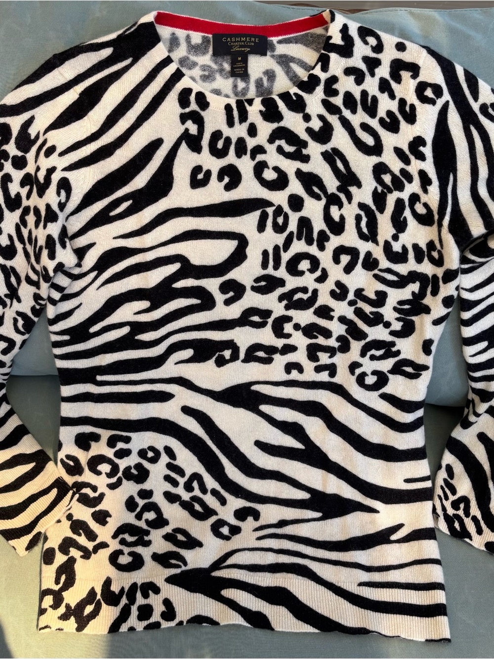 Charter Club Cashmere Leopard Crewneck Sweater in White, Black - Picture 3 of 4